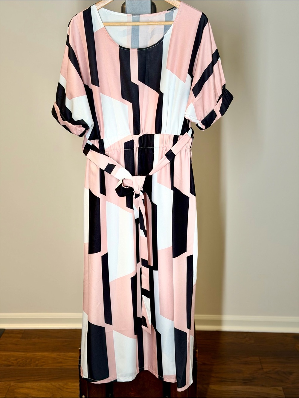 Girls Pink Geometric Tie-Neck Dress
